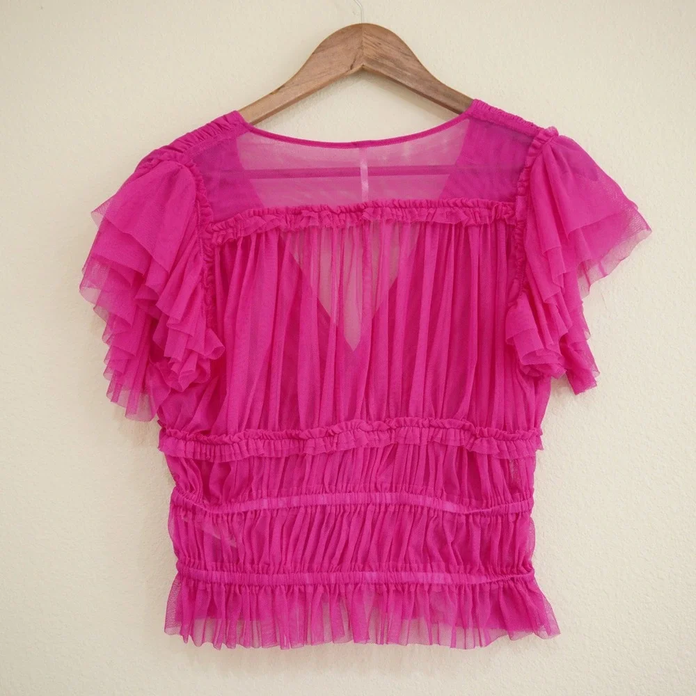 Free People Size Medium Magenta Pink Sheer Mesh Ruffle Smocked V-Neck Top Party